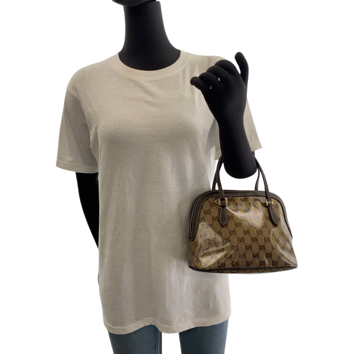 GUCCI Handbag 351403 PVC Brown Beige Gold Metal Handbag GG crystal Women Used