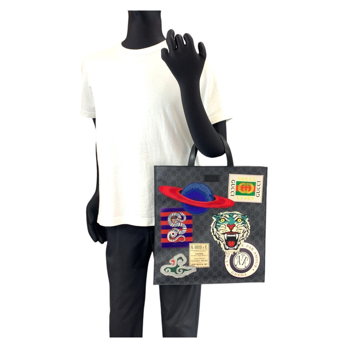 GUCCI Tote Bag 495559 GG Supreme canvas, leather Black Black Multicolor SilverMetal Tote Bag Shoulder Bag 2way Sherry Line Courier Emblem embroidery mens Used