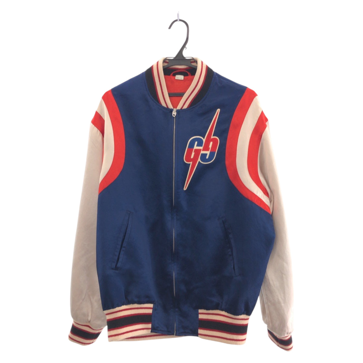 GUCCI Stajan 575315 ZABZR Acetate , Rayon , Polyester Navy White Red SilverMetal Stadium jumper GG mens 44 Used