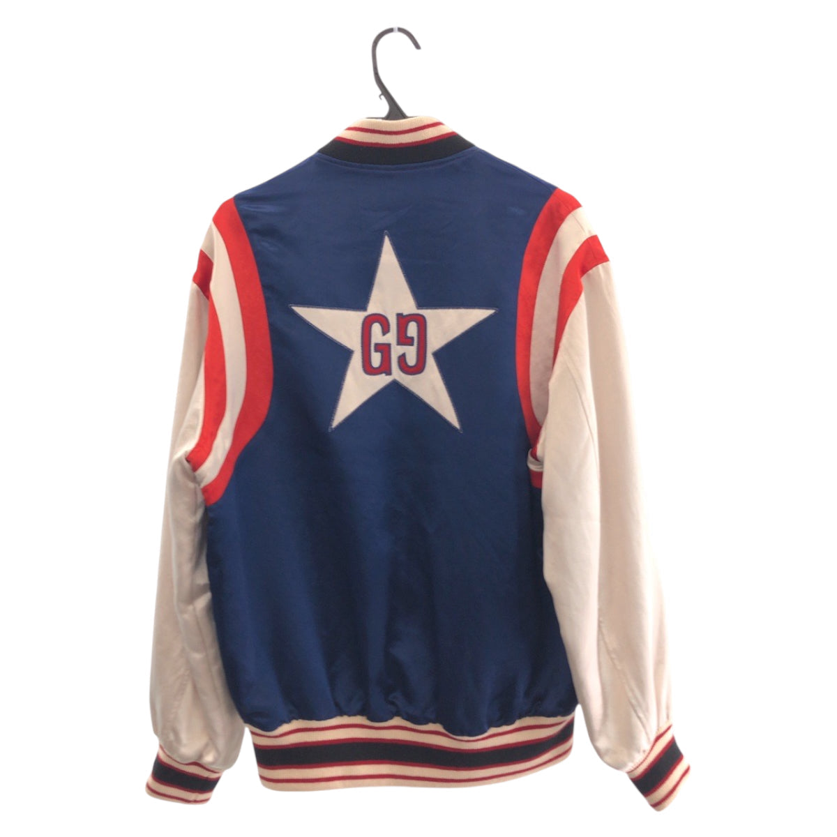 GUCCI Stajan 575315 ZABZR Acetate , Rayon , Polyester Navy White Red SilverMetal Stadium jumper GG mens 44 Used