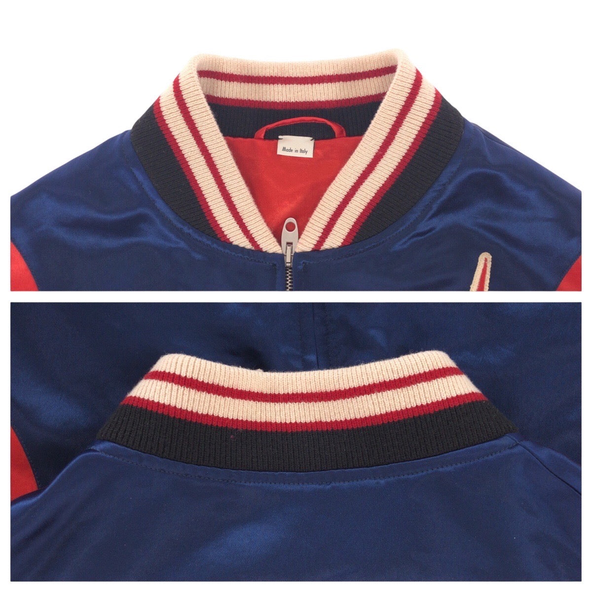 GUCCI Stajan 575315 ZABZR Acetate , Rayon , Polyester Navy White Red SilverMetal Stadium jumper GG mens 44 Used