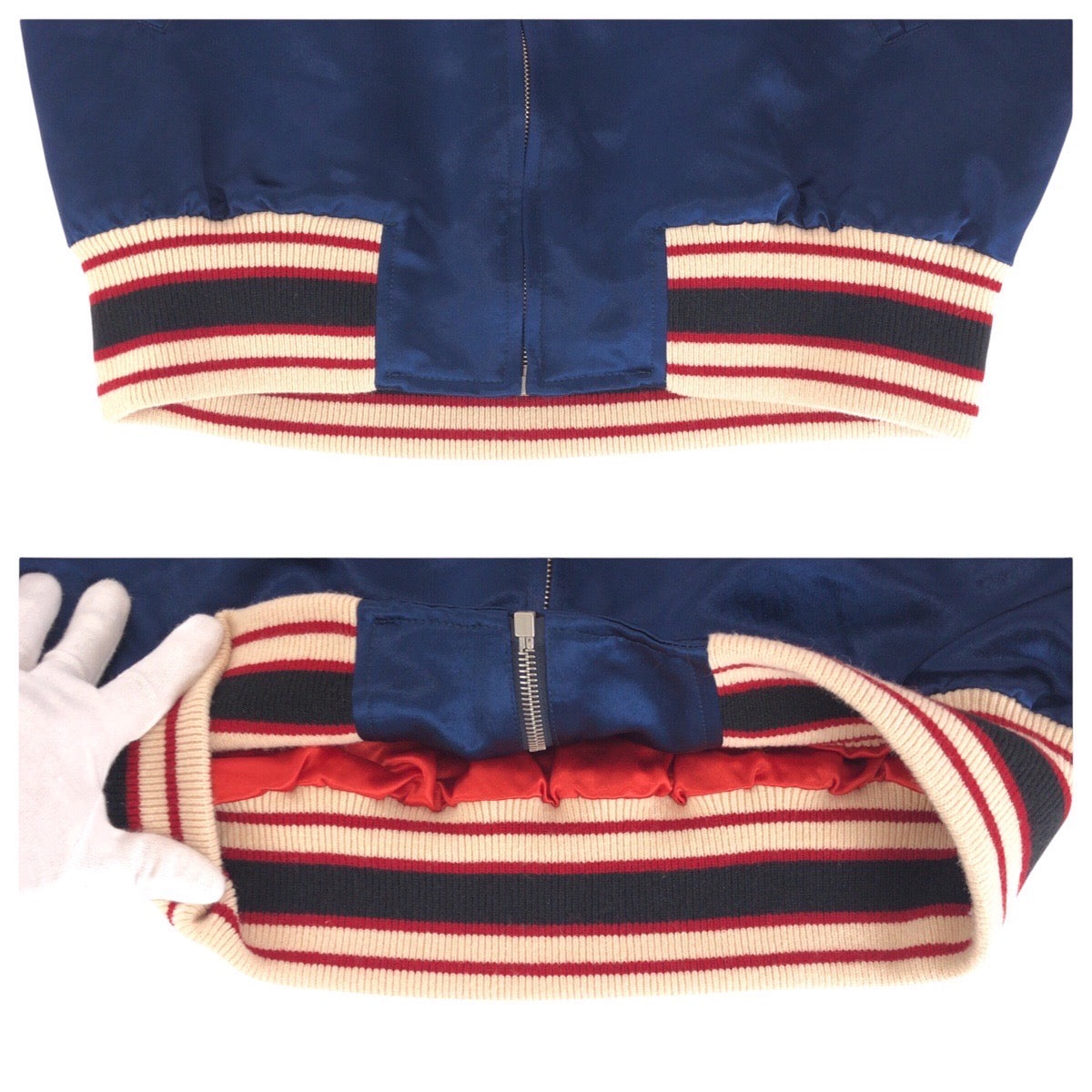 GUCCI Stajan 575315 ZABZR Acetate , Rayon , Polyester Navy White Red SilverMetal Stadium jumper GG mens 44 Used