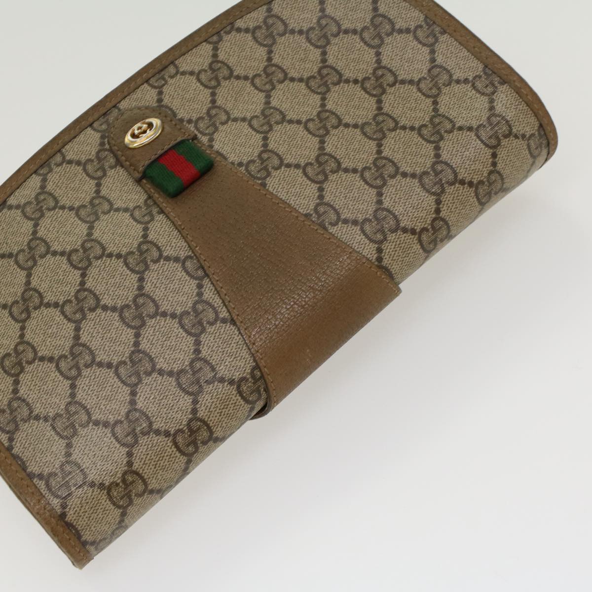 GUCCI GG Canvas Web Sherry Line Clutch Bag PVC Leather Beige Green  43092