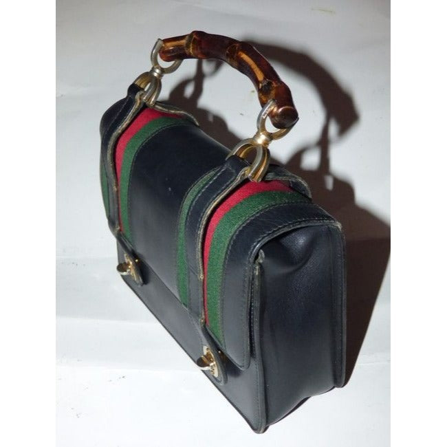 Gucci Buckle Top Bag W And Redgreen Stripes Blackredgreenbamboo Handle Leather Satchel
