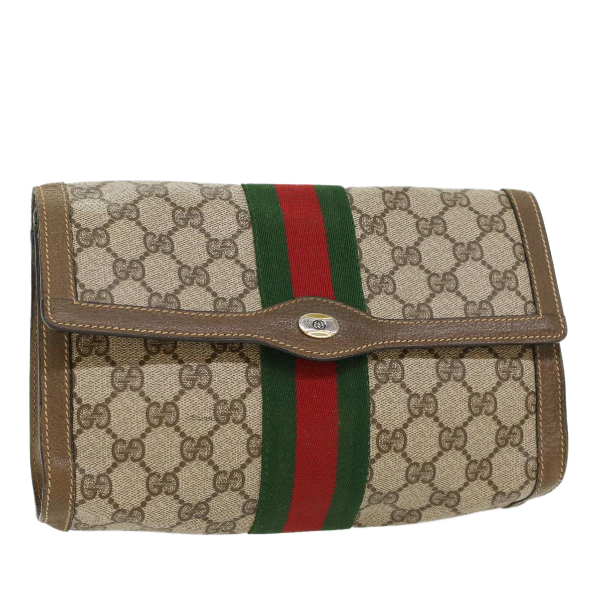 GUCCI GG Canvas Web Sherry Line Clutch Bag Beige Red Green  43902