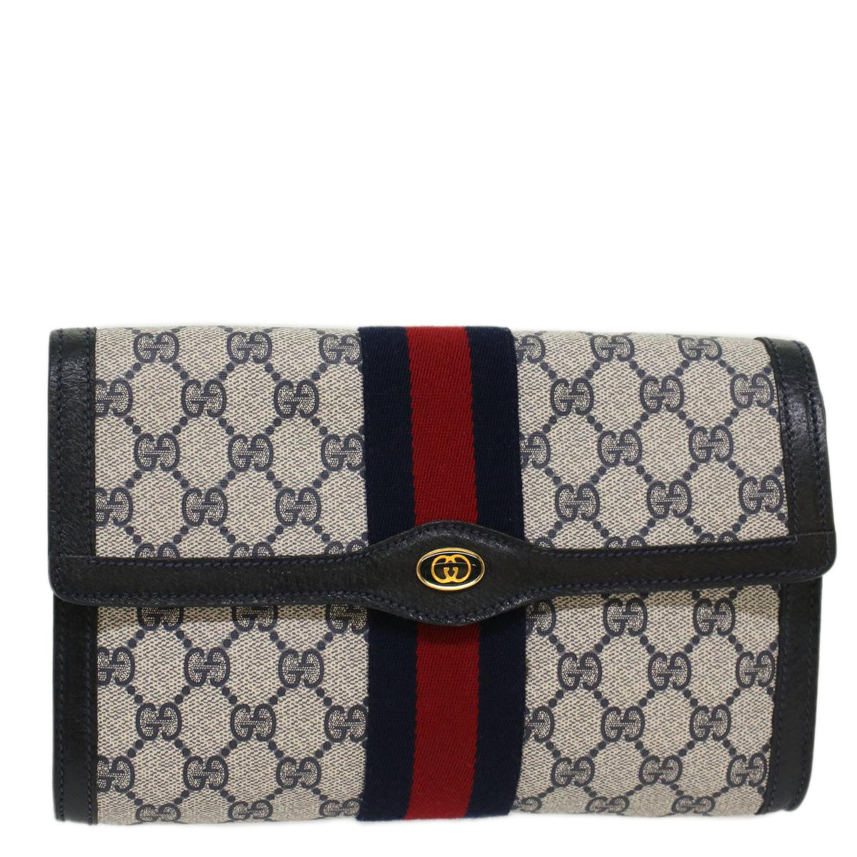 Gucci GG Canvas Sherry Line Clutch Bag Gray Red Navy 8901006  44806