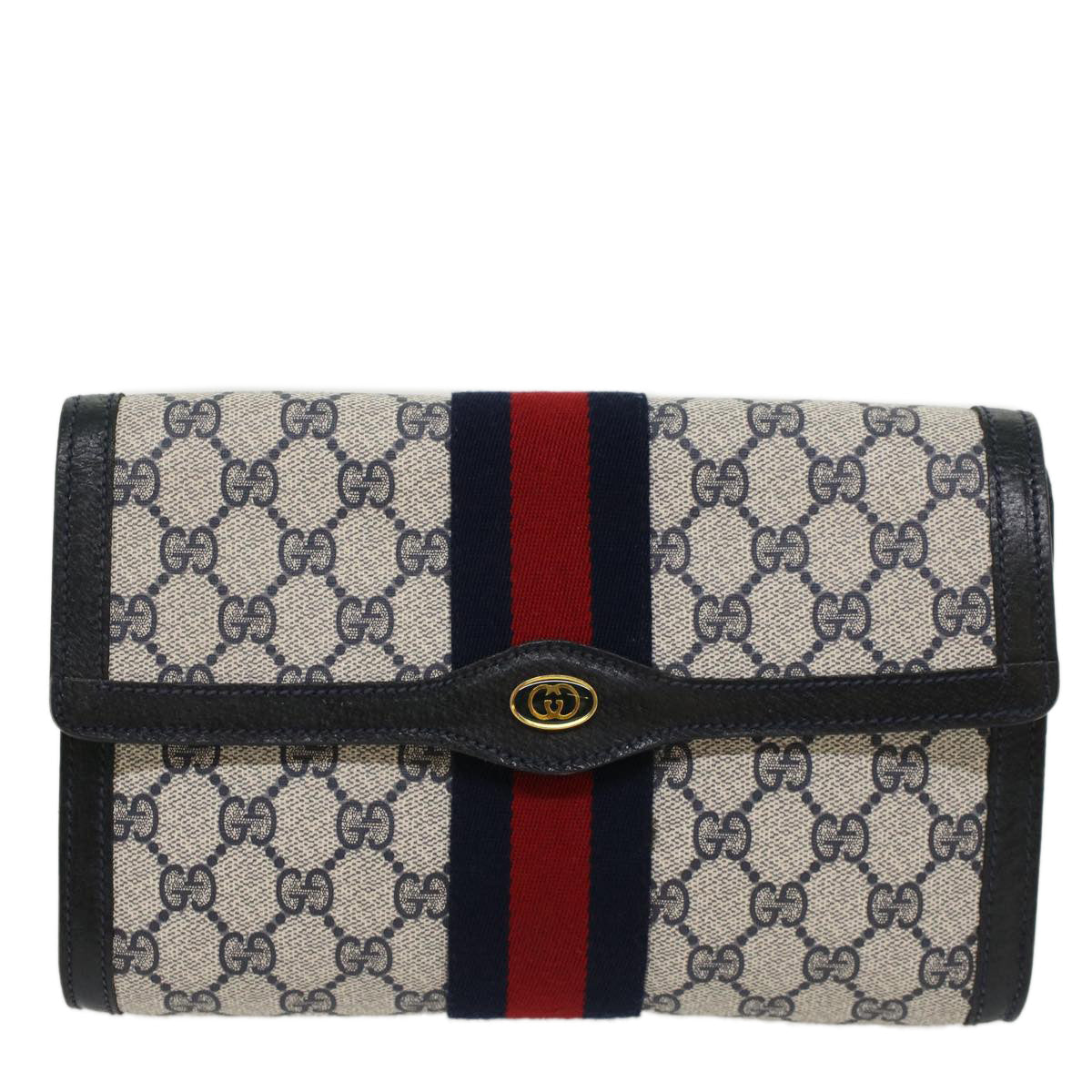 Gucci GG Canvas Sherry Line Clutch Bag Gray Red Navy 8901006  44806