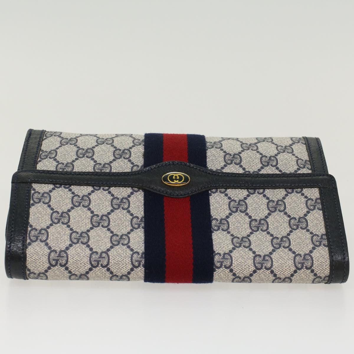 Gucci GG Canvas Sherry Line Clutch Bag Gray Red Navy 8901006  44806