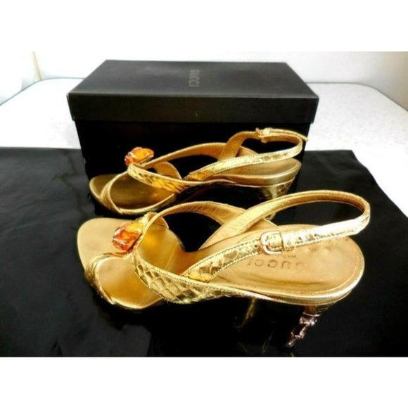 Gucci WHIPS Gold Leather Lame Snake Slingback