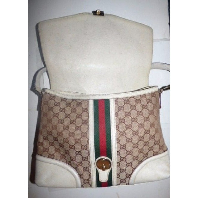 Gucci Vintage Pursesdesigner Purses White And Brown With Red And Green Leather Canvas Satchel