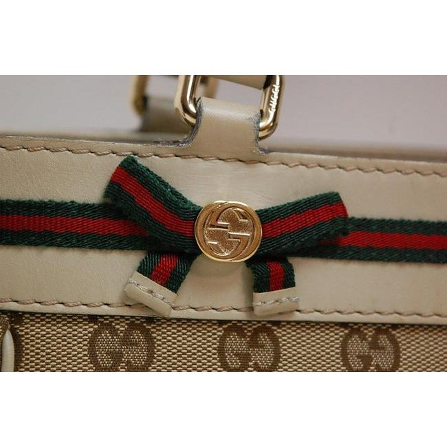 Gucci Vintage Brown Large Logo Print Canvas And White Leather With Red And Green