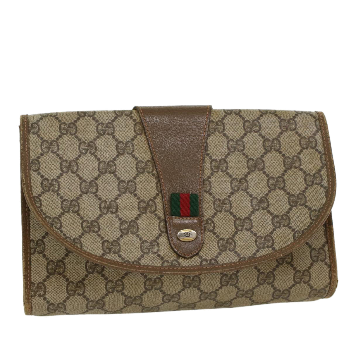 GUCCI GG Canvas Web Sherry Line Clutch Bag PVC Leather Beige Red  45602