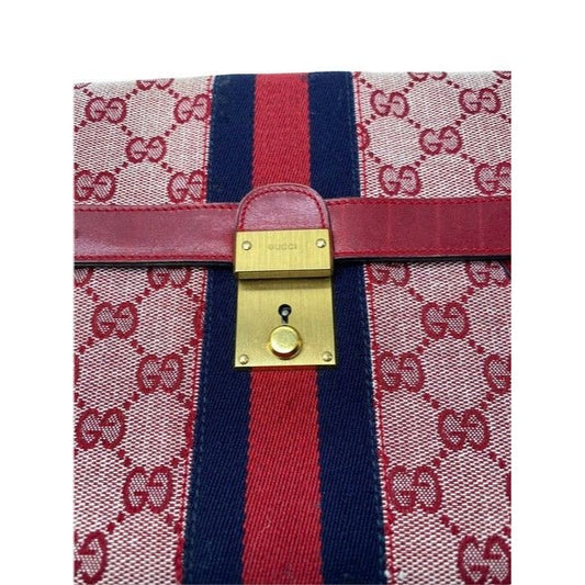Gucci Guccissima Print Canvas & Red Leather Clutch/Portfolio With Center Blue/Red Stripe
