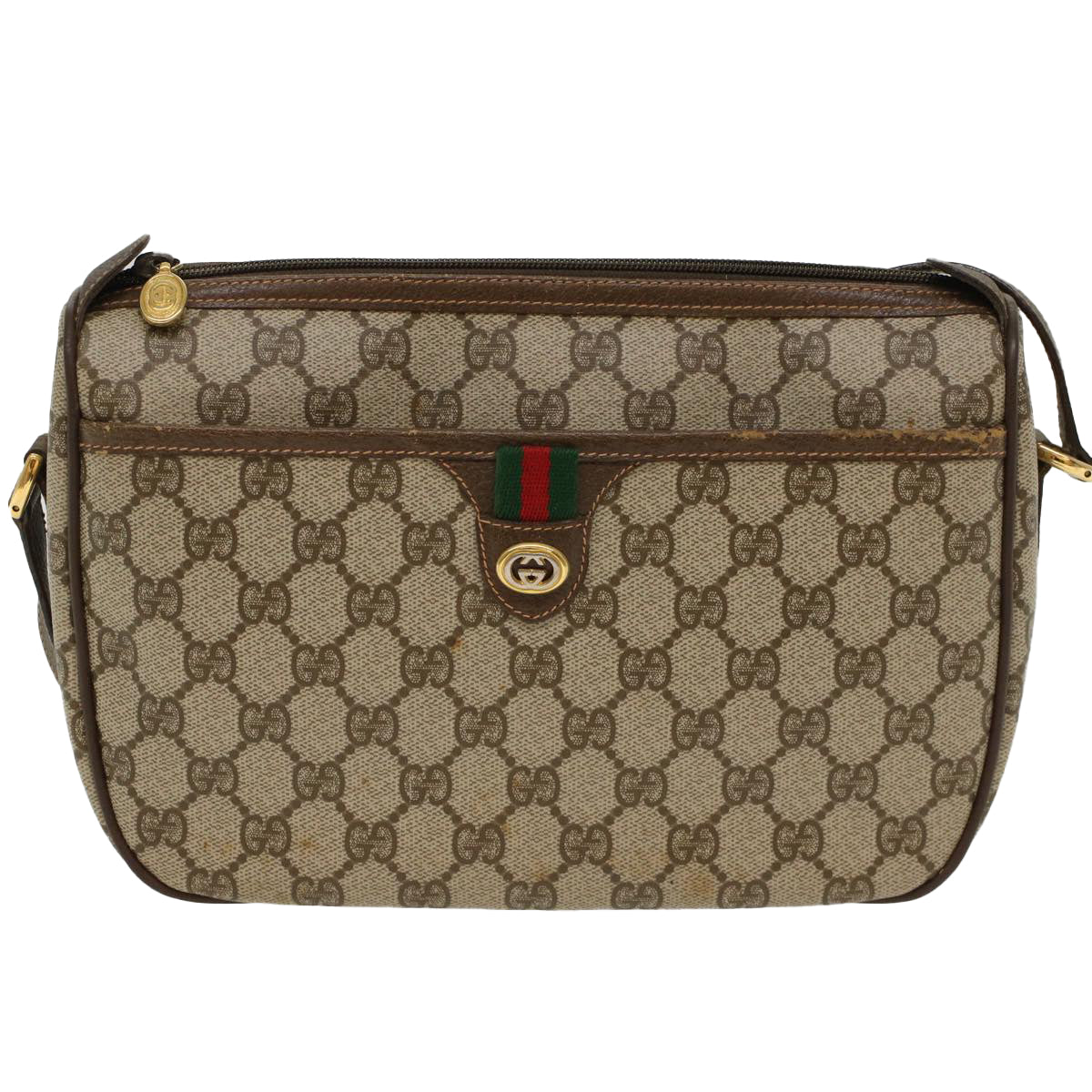 GUCCI GG Canvas Web Sherry Line Shoulder Bag PVC Leather Beige Green  47988