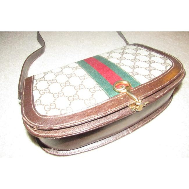 Gucci Horsebit Vintage Line Purses Brown Large G Logo Print Canvas And Brown Leather With A Red And