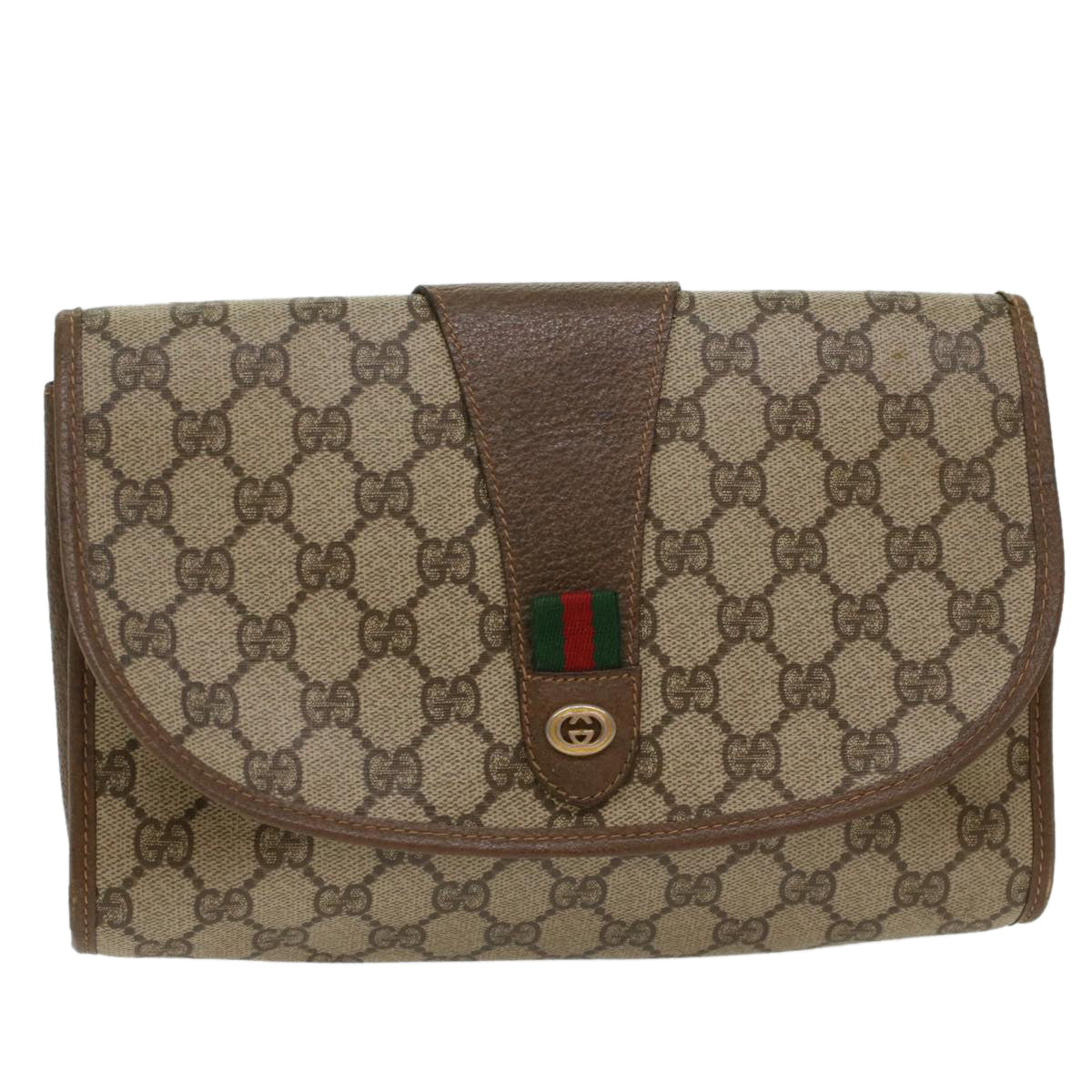 GUCCI GG Canvas Web Sherry Line Clutch Bag PVC Leather Beige Red  48450