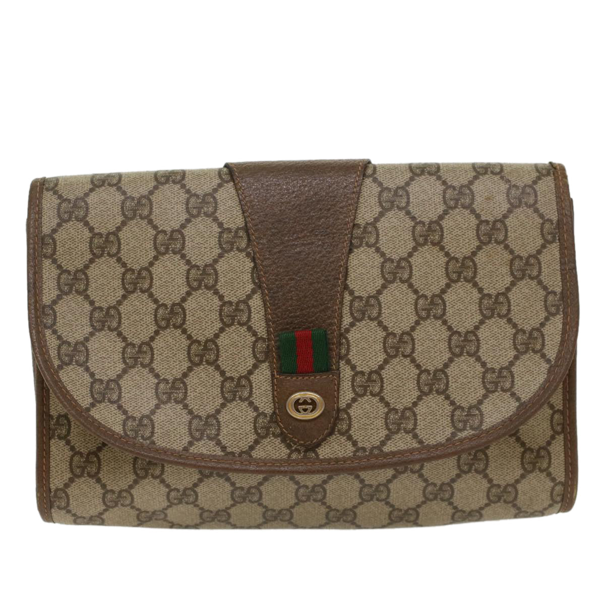 GUCCI GG Canvas Web Sherry Line Clutch Bag PVC Leather Beige Red  48450