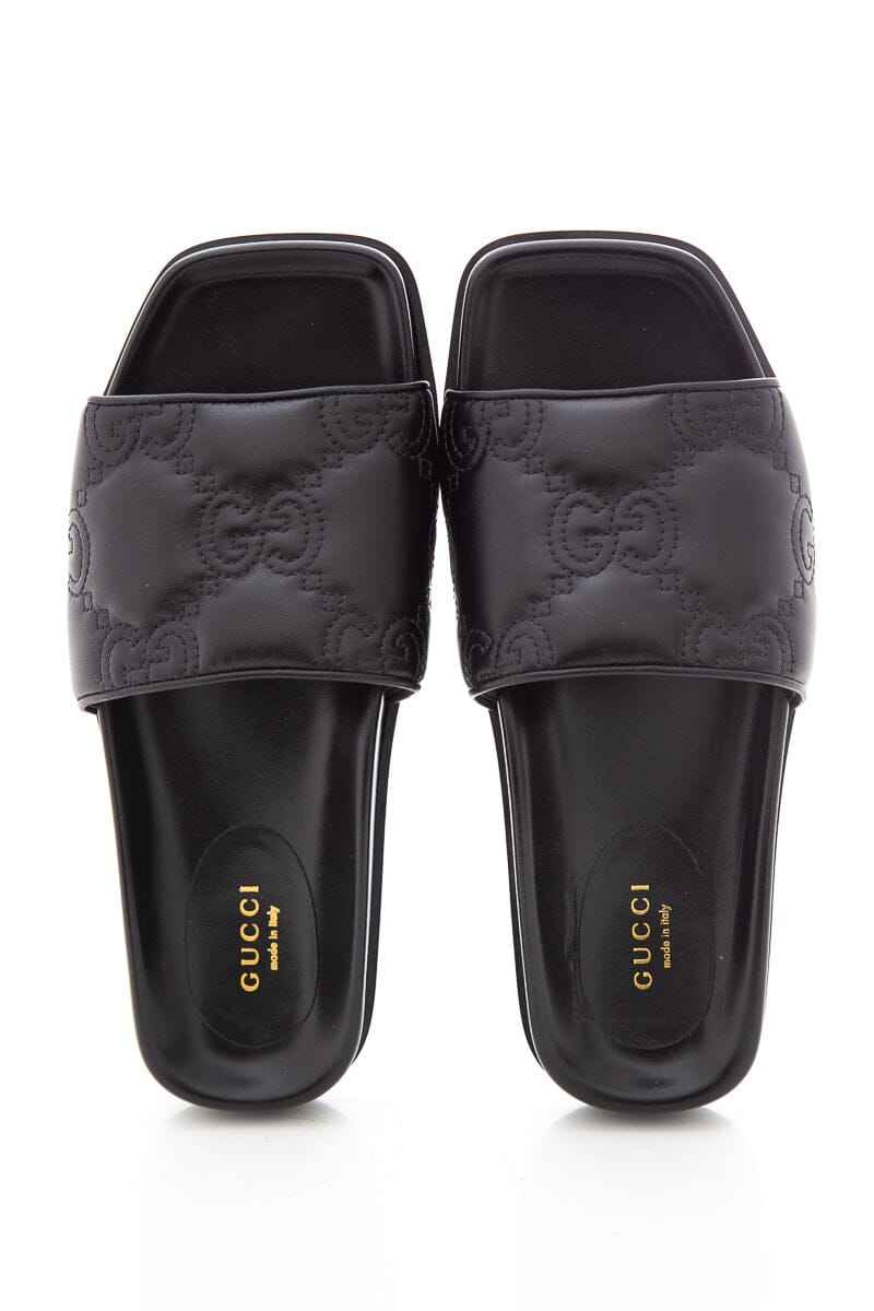 Gucci Black Leather Monogram Slides SZ 37