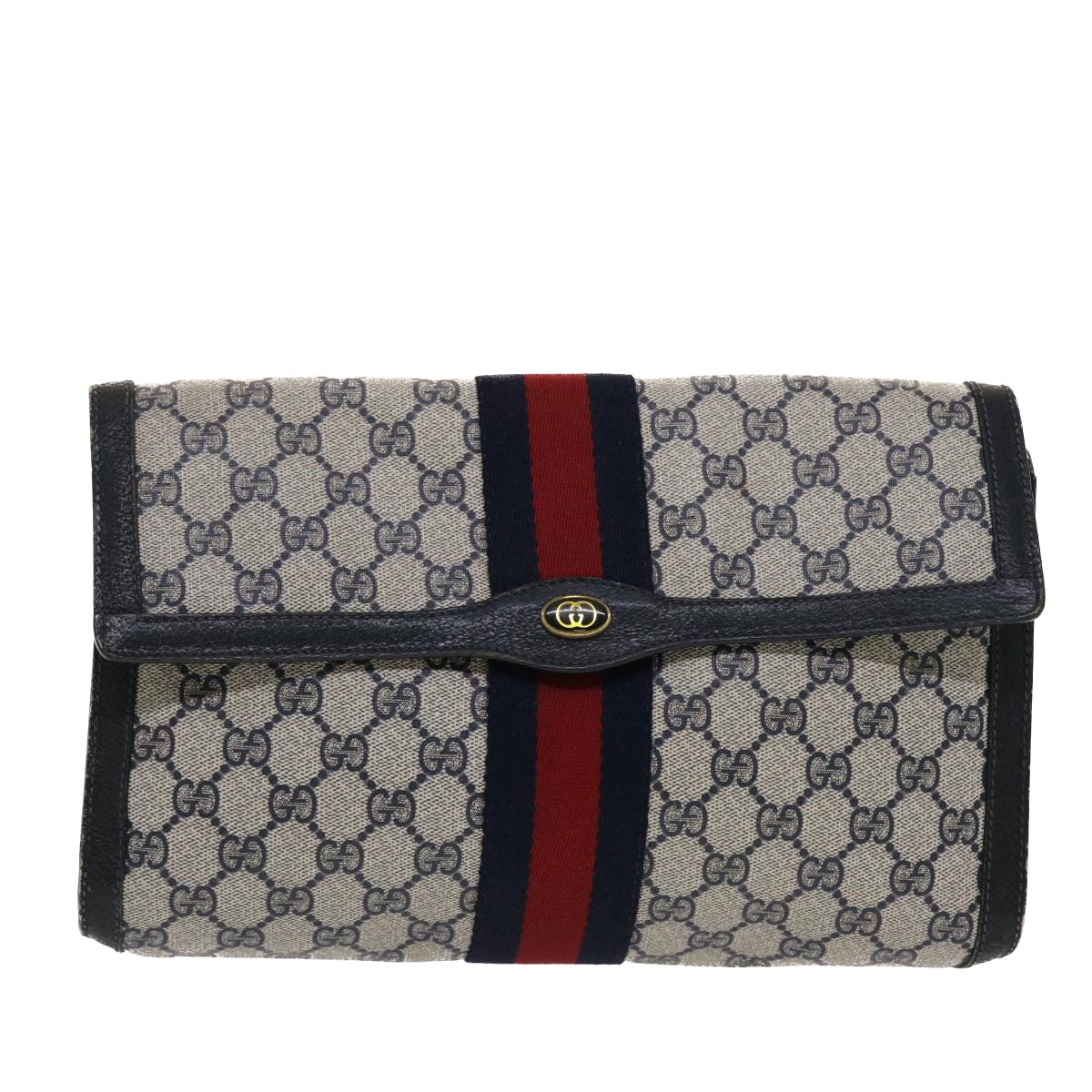 GUCCI GG Canvas Sherry Line Clutch Bag PVC Leather Navy Red  49081