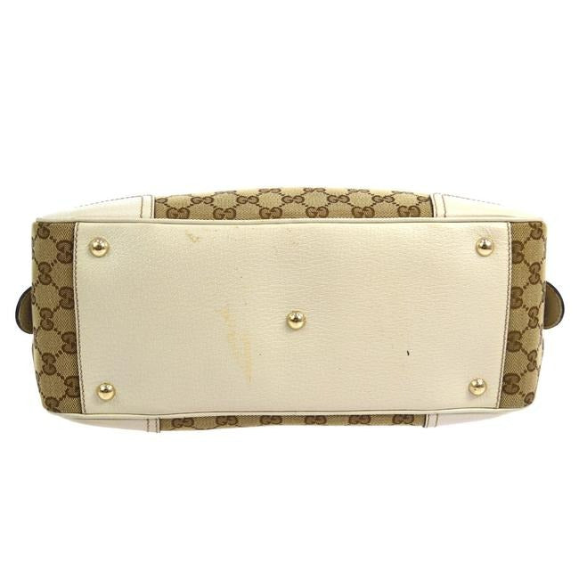 Gucci Mayfair Satchel Brown Large Logo Print Canvas And White Leather