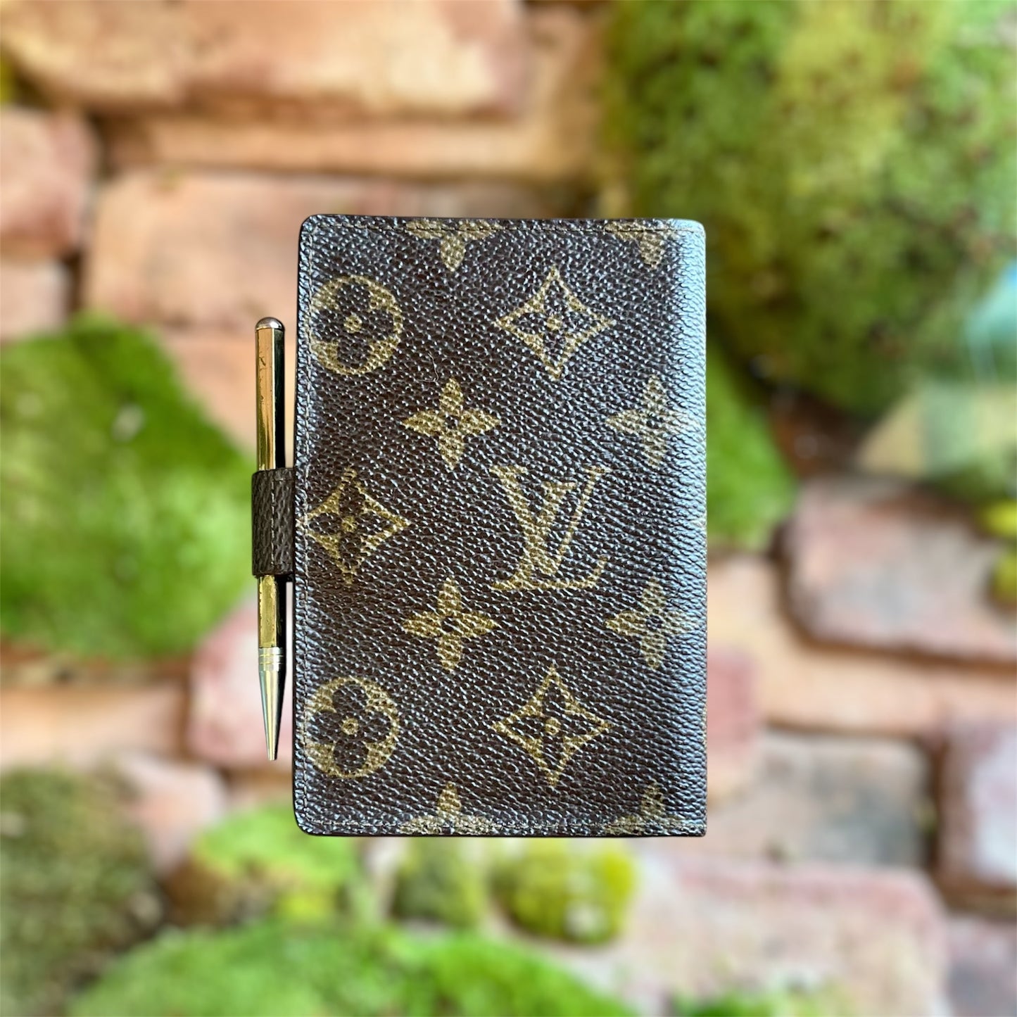 LOUIS VUITTON Brown Monogram Canvas Vintage Mini Notebook Cover and Pen TS3897