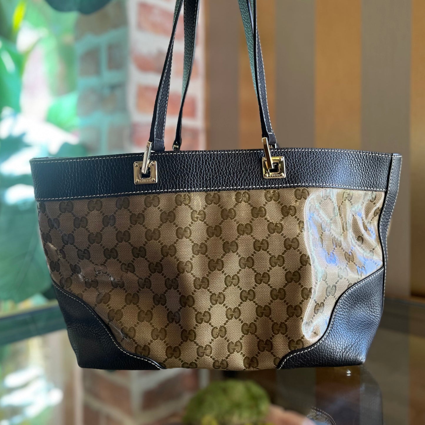 GUCCI Beige Brown GG Crystal Canvas Tote Bag