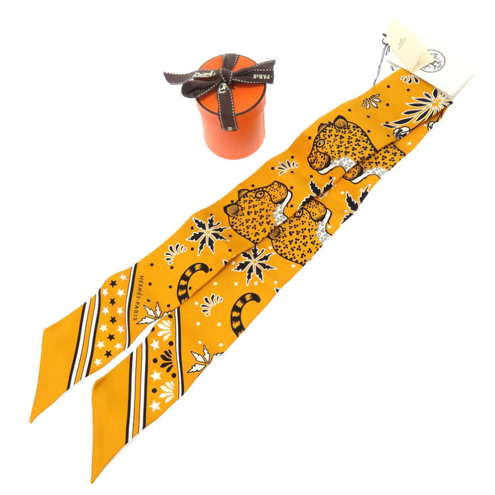 HERMES scarf silk yellow LES LEOPARDS Leopard