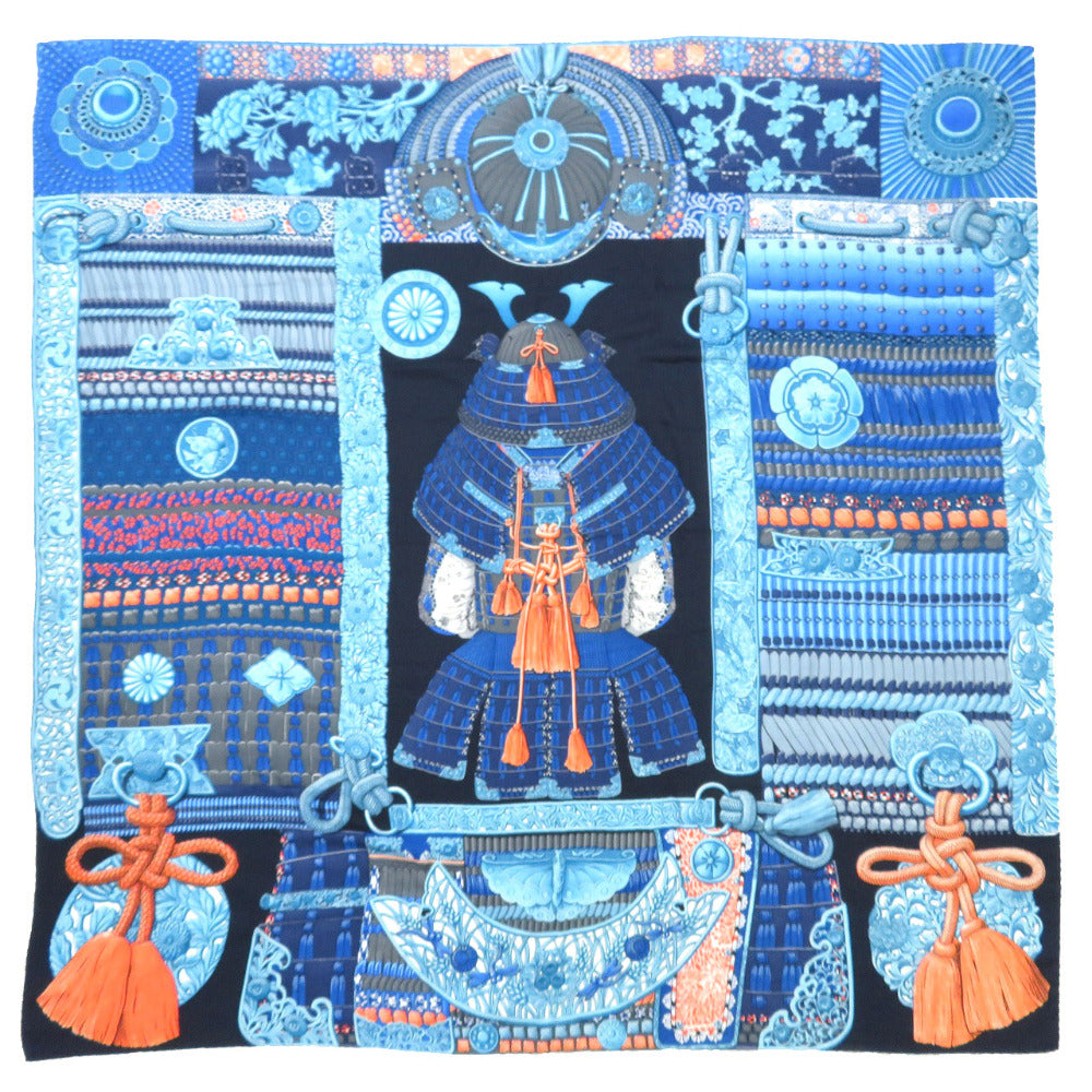 HERMES Stall cashmere blue Carre140 Samurai Armor Helmet Parures de Samourais