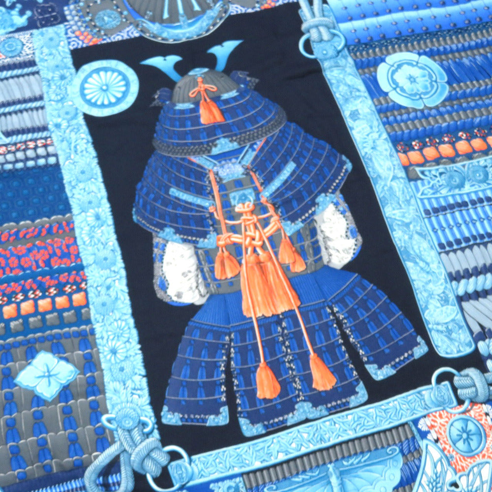 HERMES Stall cashmere blue Carre140 Samurai Armor Helmet Parures de Samourais