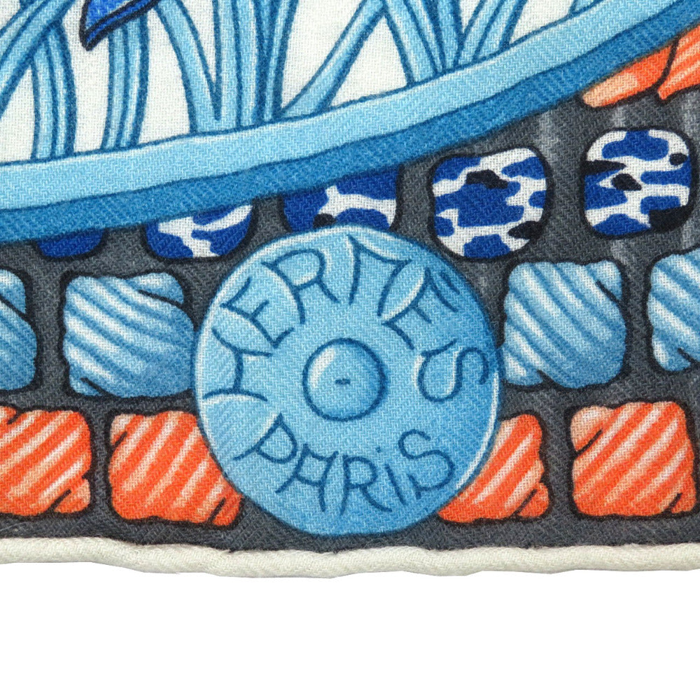 HERMES Stall cashmere blue Carre140 Samurai Armor Helmet Parures de Samourais