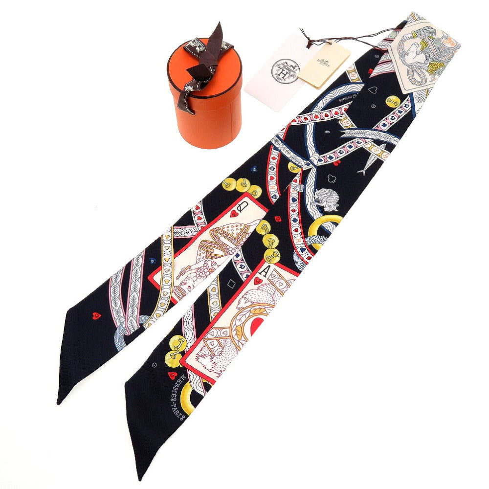 HERMES scarf silk black Twilly Queen of Hearts DAME DE COEUR