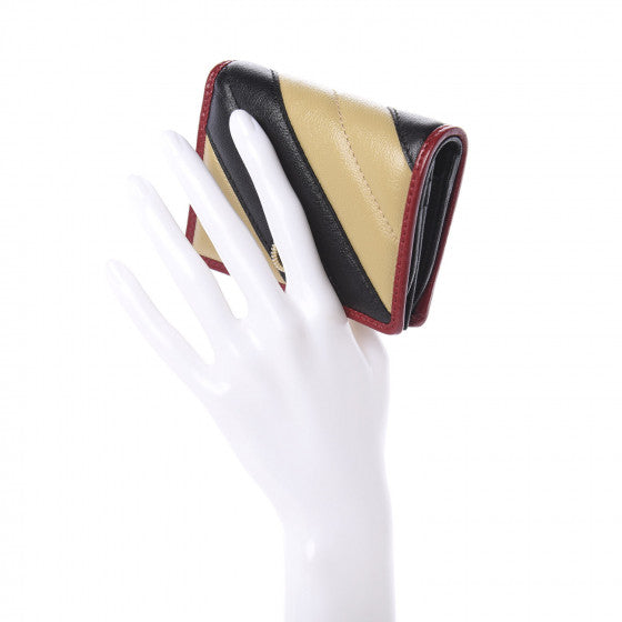 GUCCI Vintage Effect Calfskin Matelasse Diagonal Torchon GG Marmont Card Case in Black and Beige