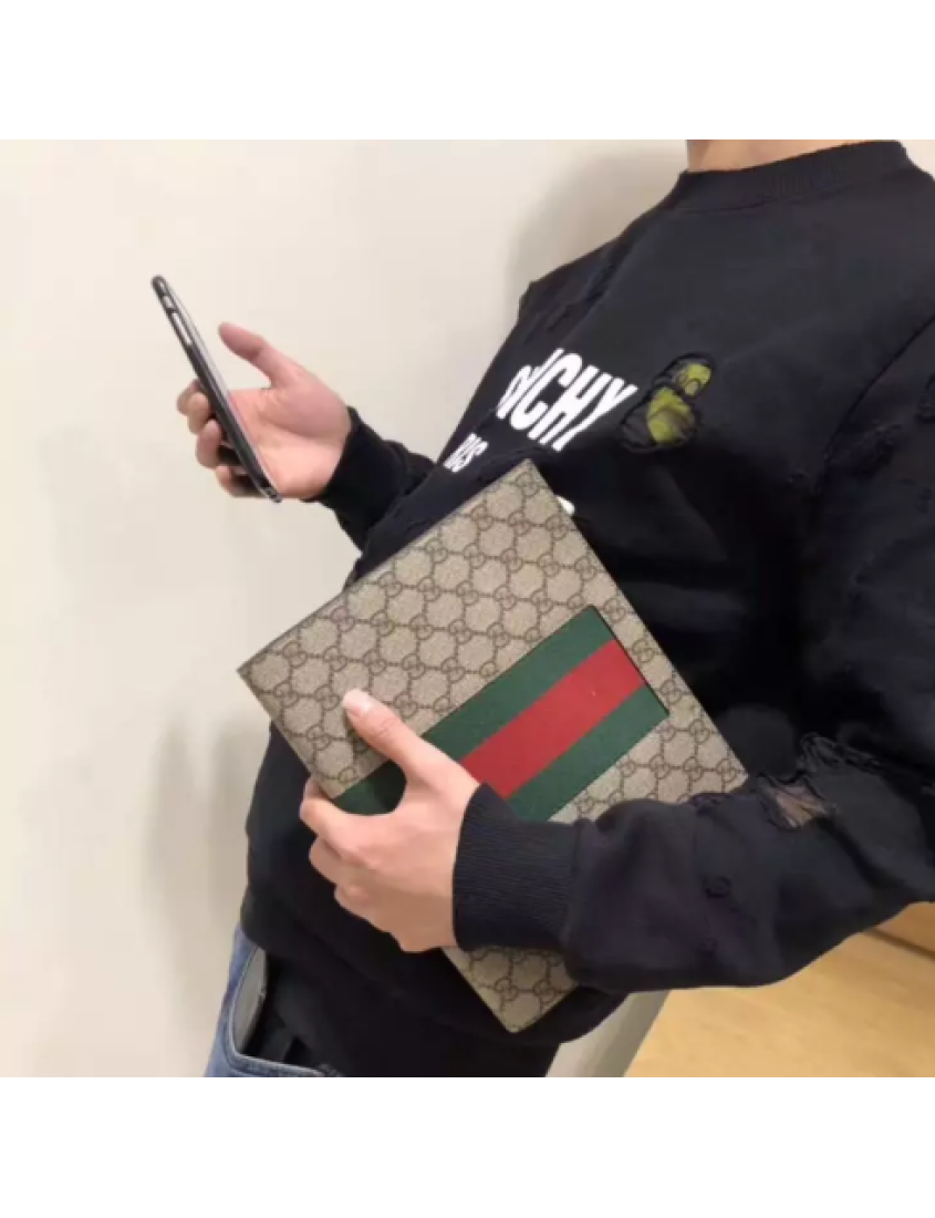 Gucci GG Supreme canvas clutch bag with striped webbing