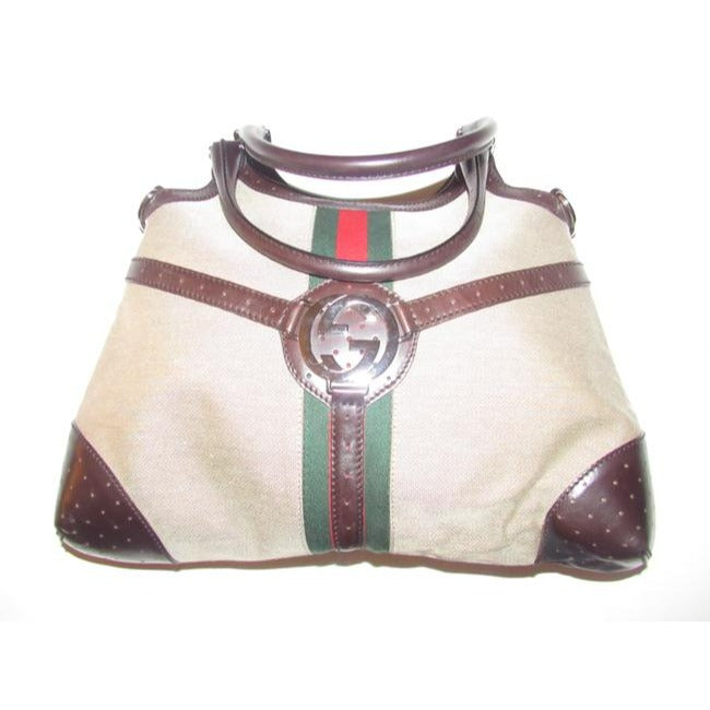 Gucci britt reins blondie, dark khaki canvas & brown leather, two handle, two-way- satchel or hobo style purse with an open top, red and green Sherry stripe and chrome GG accent