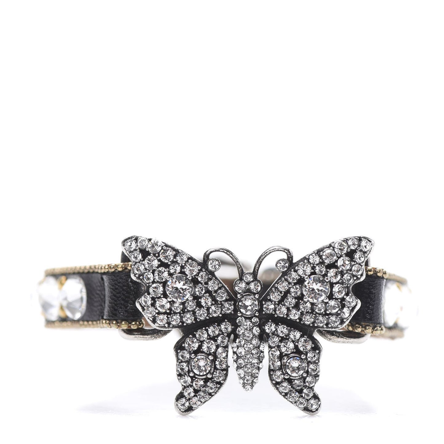 Gucci Crystal Butterfly Leather Cuff Bracelet in Black