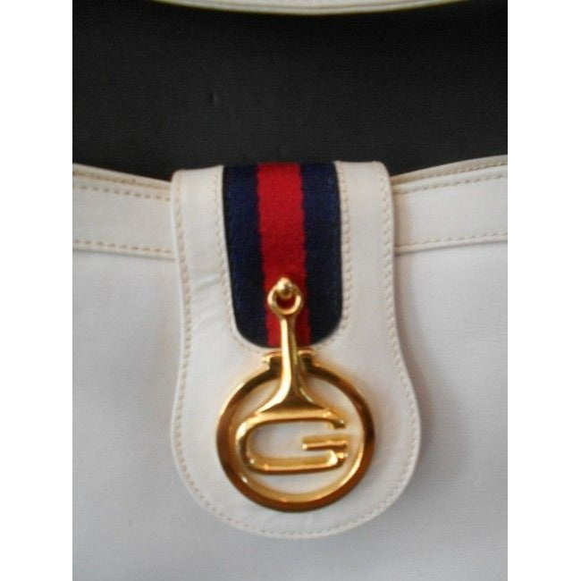 Gucci Vintage White Leather With Red And Blue Striped Accent And Large Gold G