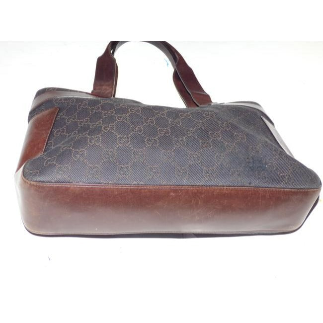 Gucci Black Denim With Brown Large G Logo Print And Brown Leather Tote