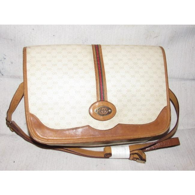Gucci Vintage Beige With Camel Small G Logo And Red Green Stripe Leather Coated Canvas