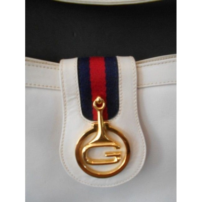 Gucci Vintage Pursesdesigner Purses White Leather With Red And Blue Striped Accent And Large Gold G