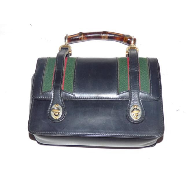 Gucci Buckle Top Bag W And Redgreen Stripes Blackredgreenbamboo Handle Leather Satchel