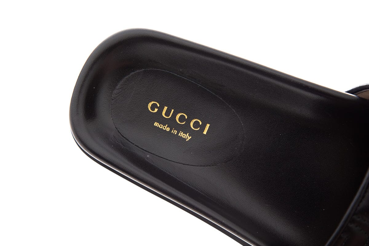 Gucci Black Leather Monogram Slides SZ 37