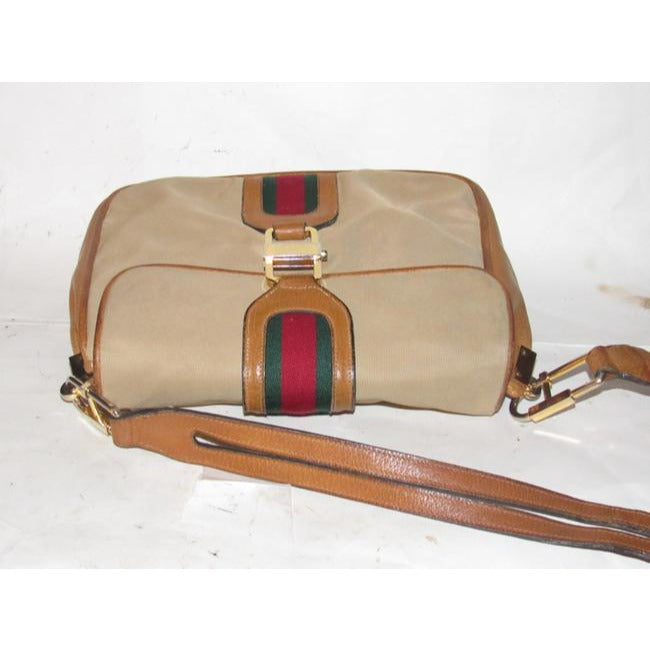 Gucci Tan & Brown Leather Jackie Satchel w Red & Green Sherry Stripe