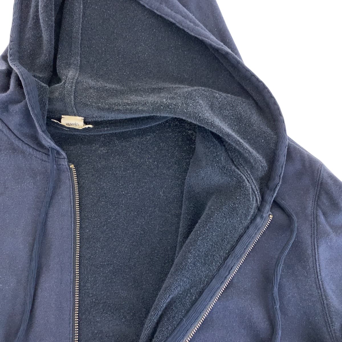 HERMES Hoodie Cotton, Silk Navy SilverMetal Zip-up Hoodie Unisex Women 38 Used