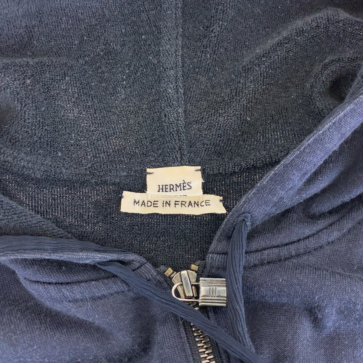 HERMES Hoodie Cotton, Silk Navy SilverMetal Zip-up Hoodie Unisex Women 38 Used