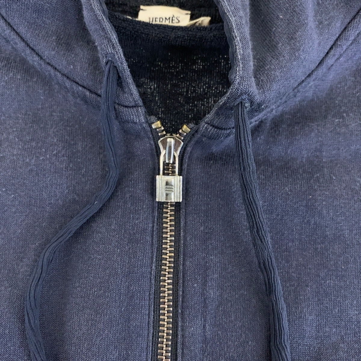 HERMES Hoodie Cotton, Silk Navy SilverMetal Zip-up Hoodie Unisex Women 38 Used