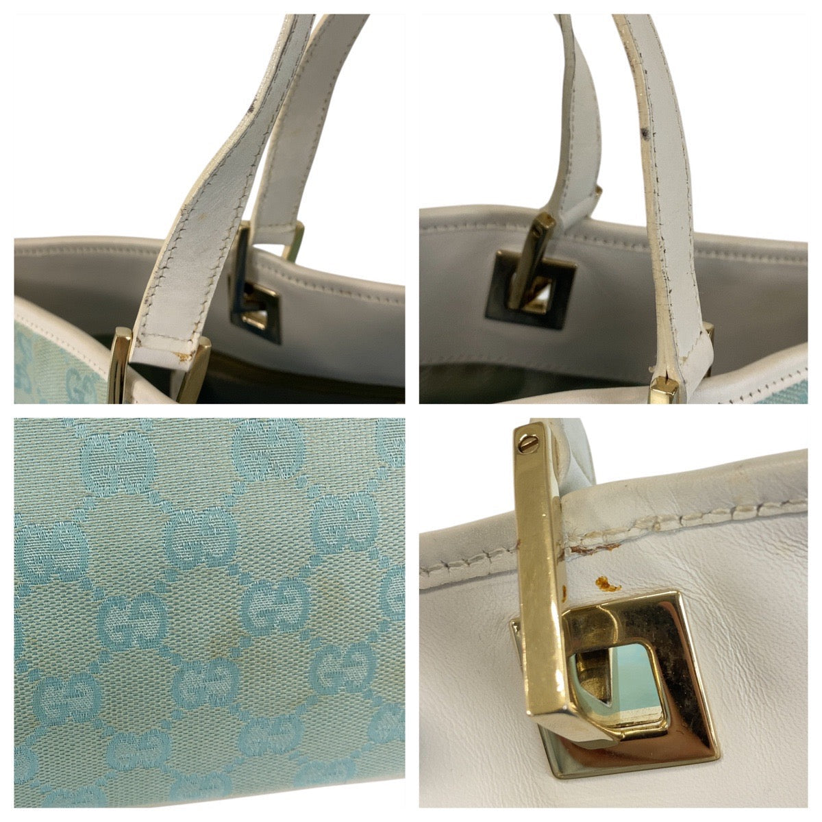 GUCCI Tote Bag 002 1098 GG canvas, leather Mint Light Blue Gold Metal Tote Bag Shoulder Bag Women Used