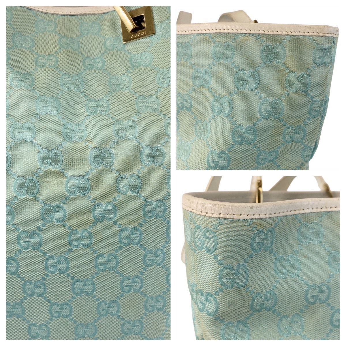 GUCCI Tote Bag 002 1098 GG canvas, leather Mint Light Blue Gold Metal Tote Bag Shoulder Bag Women Used