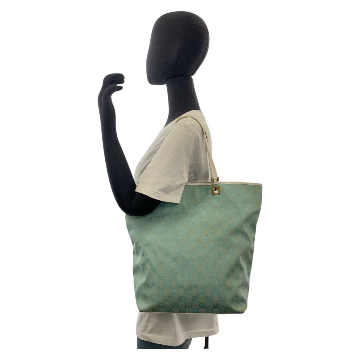 GUCCI Tote Bag 002 1098 GG canvas, leather Mint Light Blue Gold Metal Tote Bag Shoulder Bag Women Used