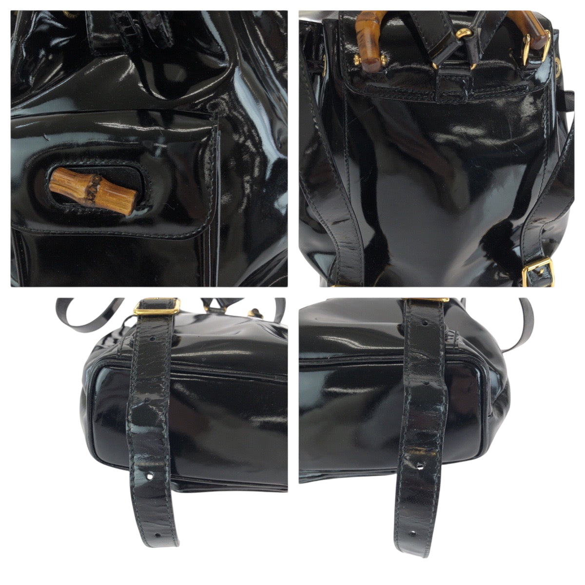 GUCCI Backpack 003 2850 0030 Patent leather Black GoldMetal Backpack Backpack Bamboo Women Used