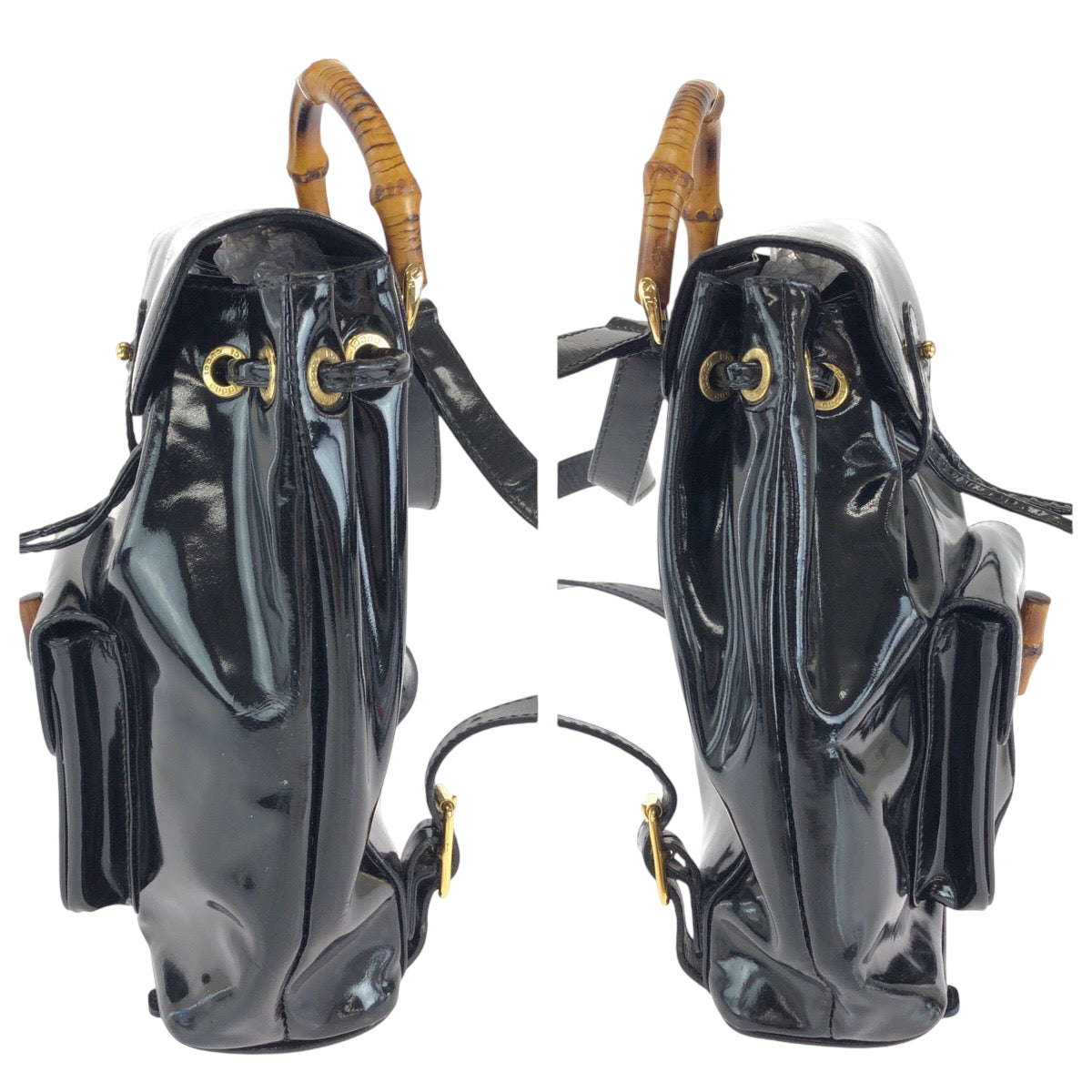 GUCCI Backpack 003 2850 0030 Patent leather Black GoldMetal Backpack Backpack Bamboo Women Used